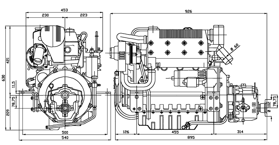 Dimensioni motore Lombardini Marine LDW 2204M