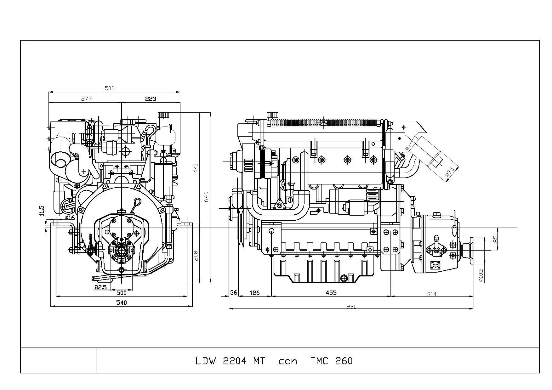 Dimensioni motore Lombardini Marine LDW 2204M Turbo