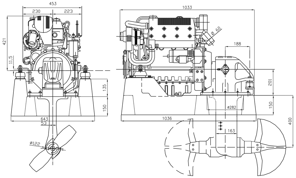 Dimensioni motore Lombardini Marine LDW 2204 SD