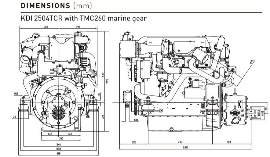 Dimensioni motore Lombardini Marine Kohler KDI 2504TCR M