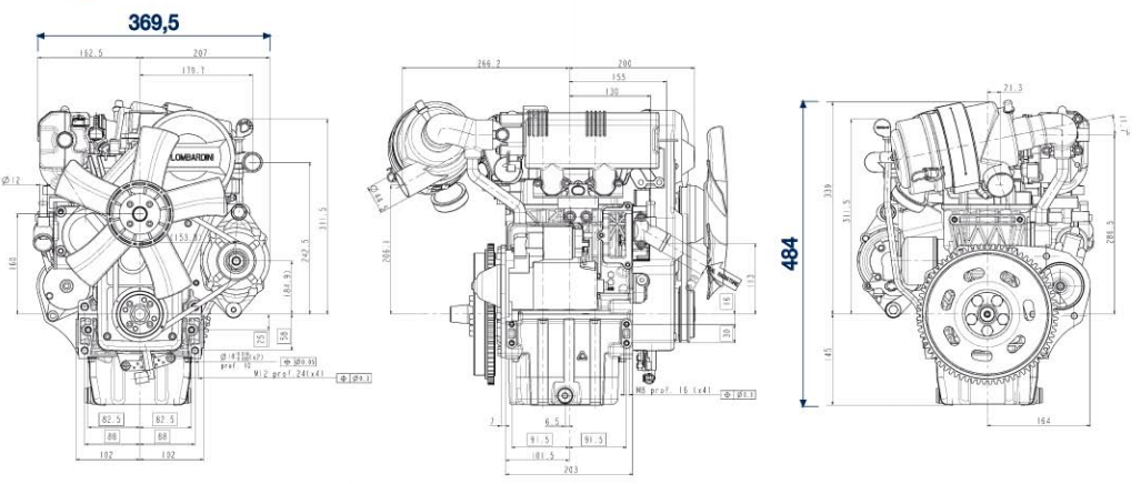 Dimensioni motore Lombardini LGW 523 MPI