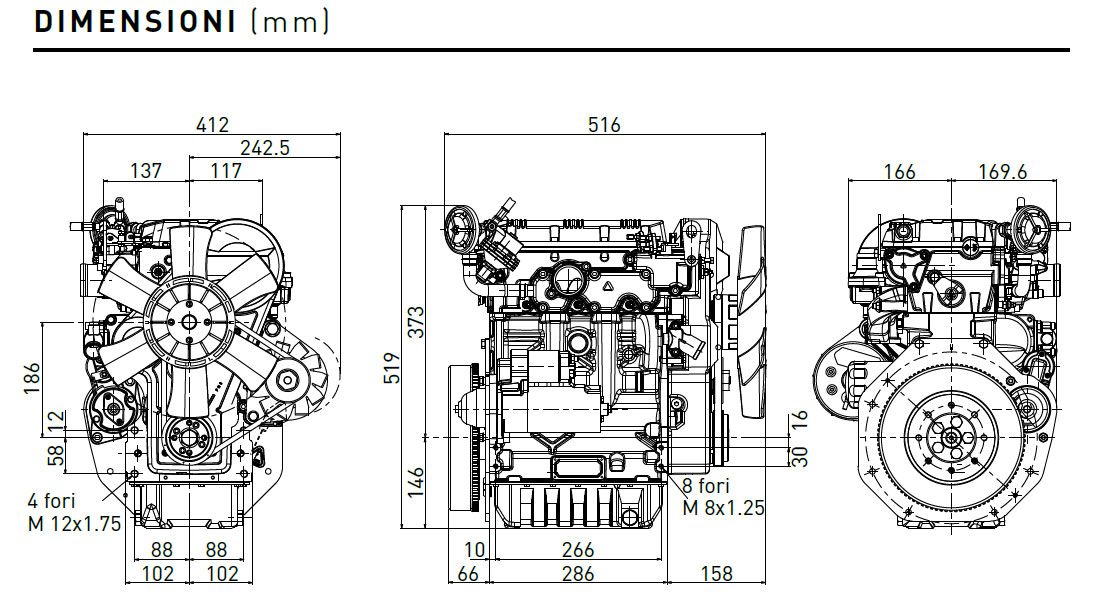 Dimensioni motore Lombardini LDW 1003