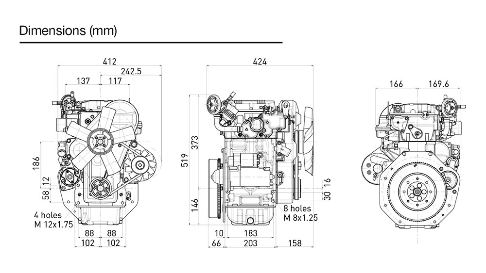Dimensioni motore Kohler KWD 702